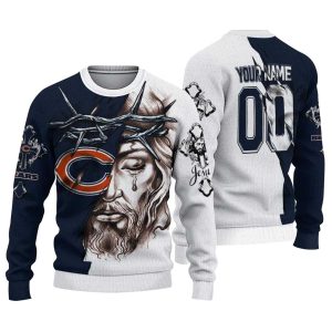 Personalized Chicago Bears Logo And Jesus Tears Blue White AOP Sweatshirt