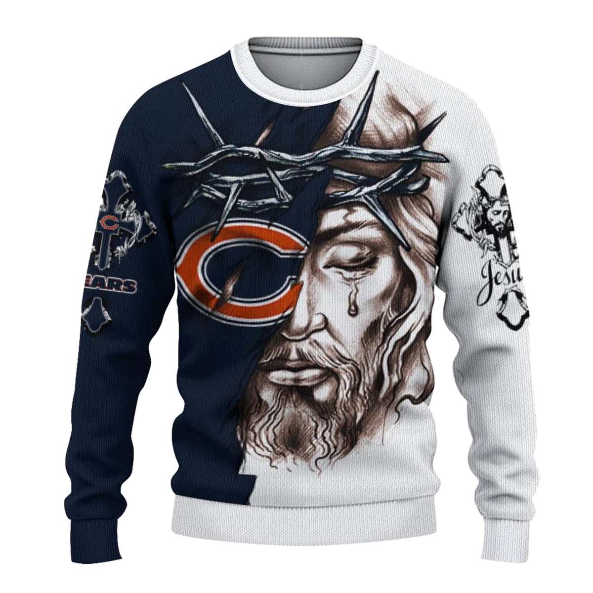 Personalized-Chicago-Bears-Logo-And-Jesus-Tears-Blue-White-AOP-Sweatshirt-2