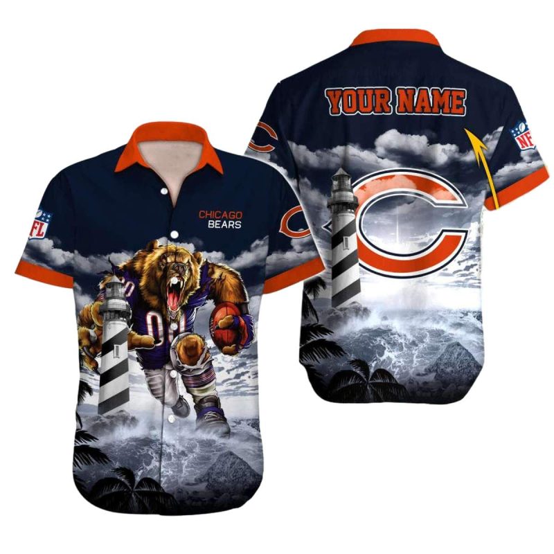Personalized Chicago Bears Logo And Mascot Wave Pattern Hawaiian Shirt 1