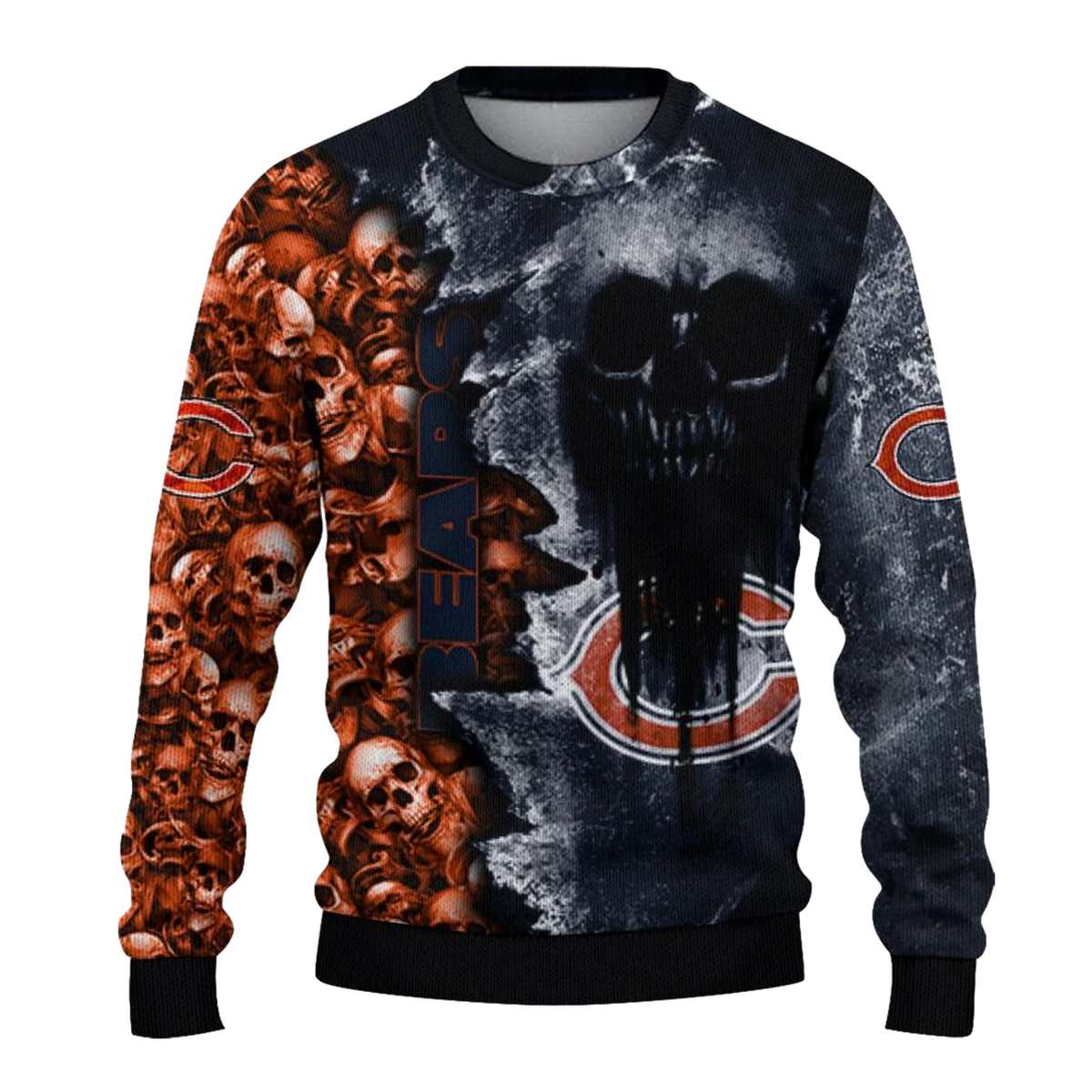 Personalized-Chicago-Bears-Logo-And-Skull-Collage-Blue-AOP-Sweatshirt-2