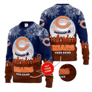 Personalized Chicago Bears Snowy Village Night Ugly Sweater
