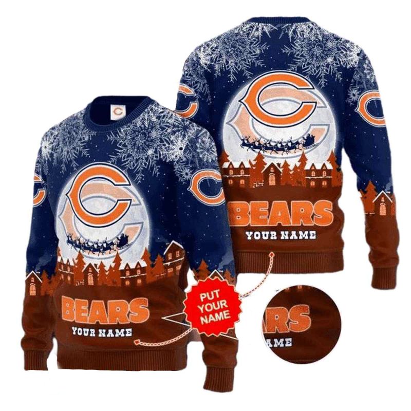 Personalized Chicago Bears Snowy Village Night Ugly Sweater 1