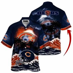 Personalized Chicago Bears Sunset Silhouette Beachside Hawaiian Shirt