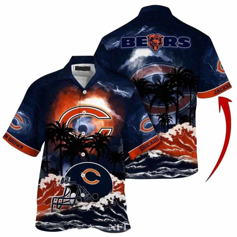 Personalized Chicago Bears Sunset Silhouette Beachside Hawaiian Shirt 1