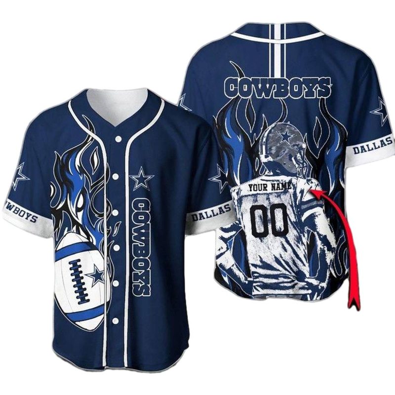 Personalized Dallas Cowboys Flame Ball And Cartoon Player Baseball Jersey 1