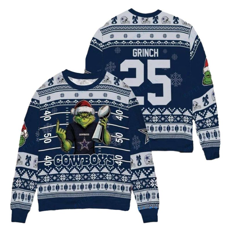 Personalized Dallas Cowboys Grinch Super Bowl Trophy Blue Ugly Sweater 1