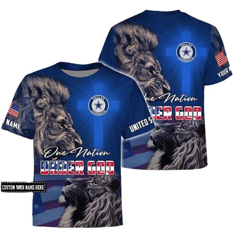 Personalized Dallas Cowboys Logo And Lion One Nation Under God Aop T Shirt 1