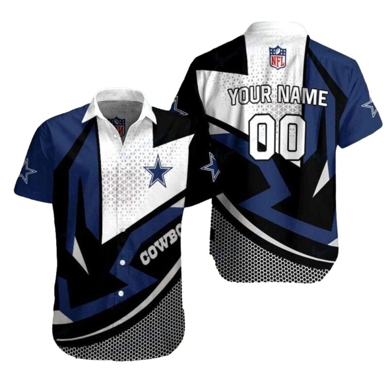 Personalized Dallas Cowboys Logo Black Blue White Halftone Hawaiian Shirt 1