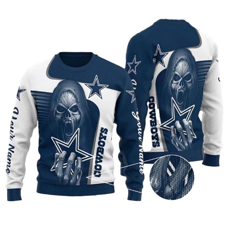 Personalized Dallas Cowboys Logo Grim Reaper Dead Skull Ugly Sweater 1