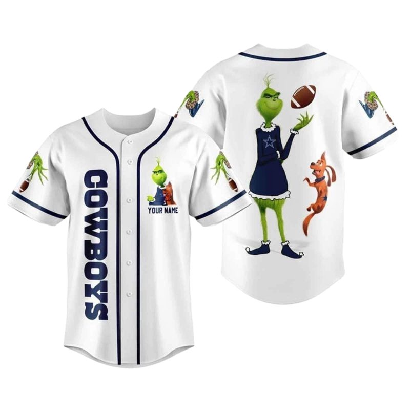 Personalized Dallas Cowboys Logo Grinch With Ball Baseball Jersey 1