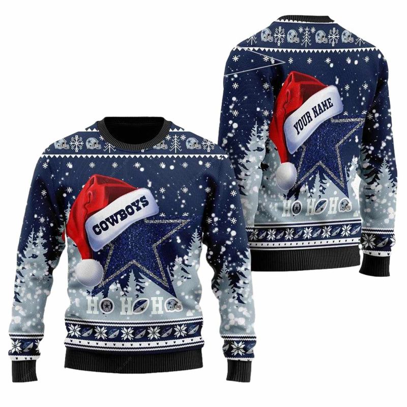 Personalized Dallas Cowboys Logo Santa Hat Ho Ho Ho Ugly Sweater 1
