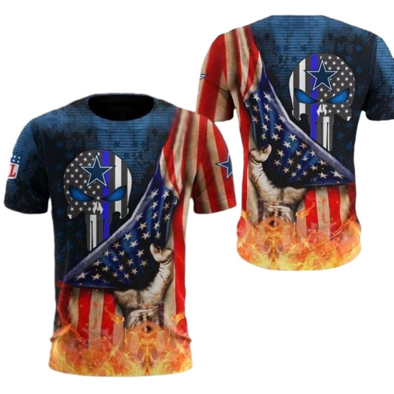 Personalized Dallas Cowboys Logo Skull And American Flag Aop T Shirt 1