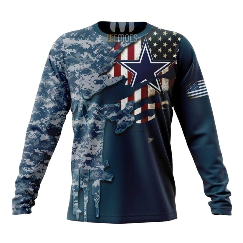 Personalized Dallas Cowboys Navy Skull Camo Veteran Aop Sweatshirt 1