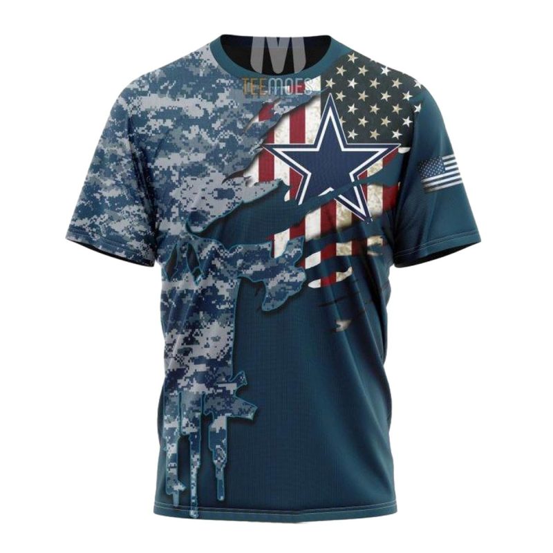 Personalized Dallas Cowboys Navy Skull Camo Veteran Aop T Shirt 1