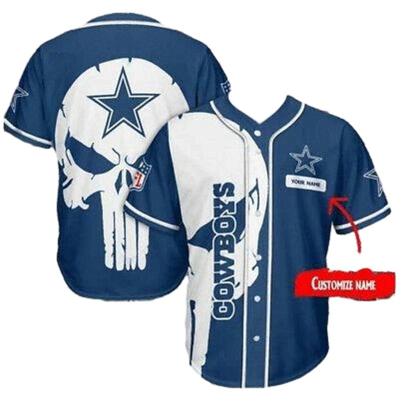 Personalized Dallas Cowboys Punisher Skull White Blue Baseball Jersey 1