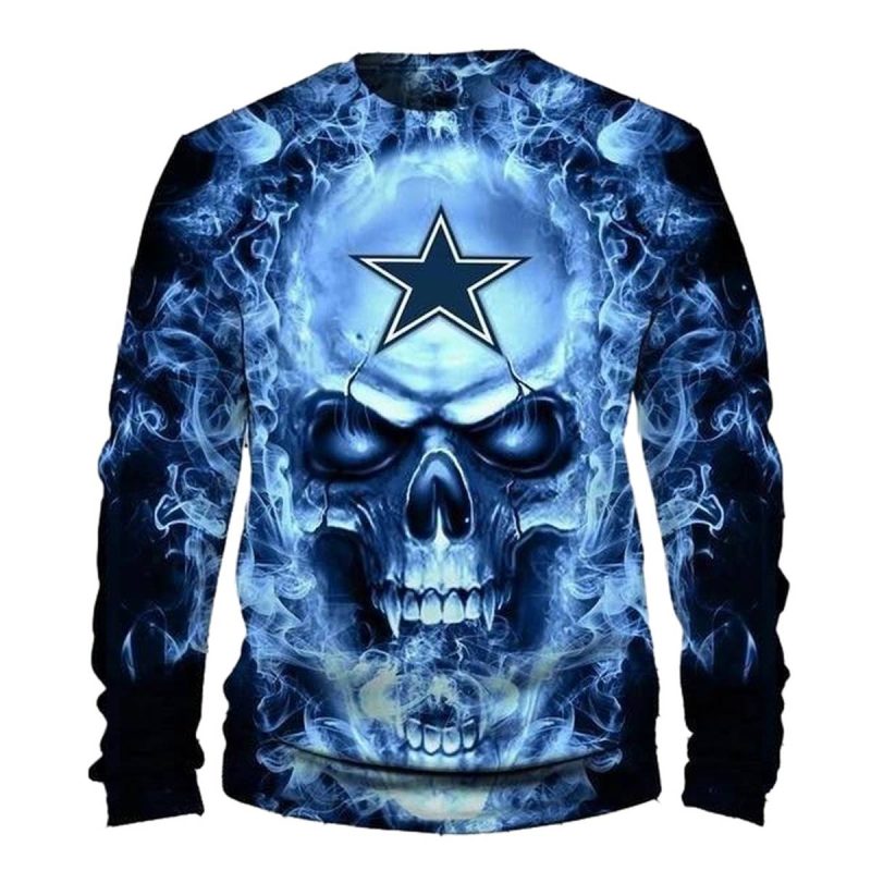 Personalized Dallas Cowboys Skull Light Blue Burning Smoke Aop Sweatshirt 1
