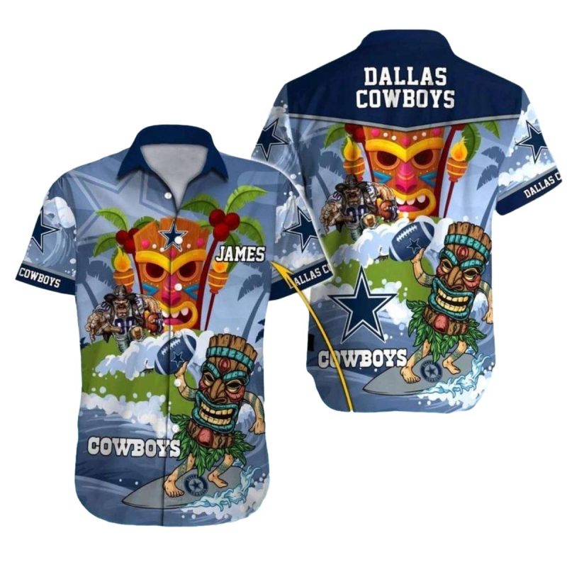 Personalized Dallas Cowboys Tiki Surfing Funny Palm Trees Hawaiian Shirt 1