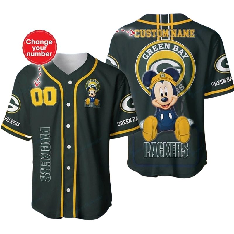 Personalized Disney Mickey Green Bay Packers Baseball Jersey 1