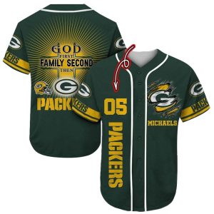 Personalized Green Bay Packer God First Family Second Then Packers Baseball Jersey