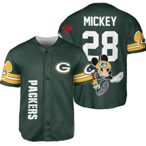 Personalized Green Bay Packers And Mickey Mouse Baseball Jersey