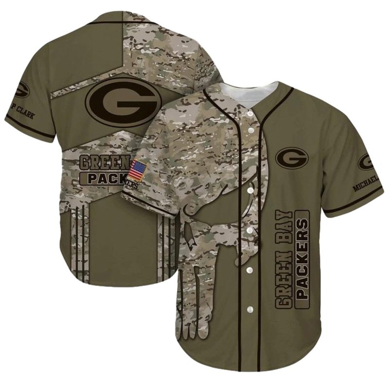 Personalized Green Bay Packers Army Skull Baseball Jersey 1