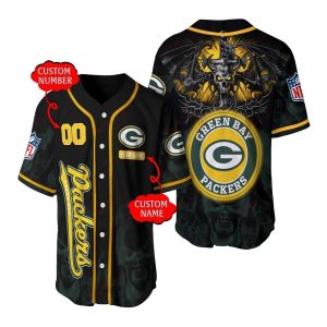 Personalized Green Bay Packers Big Logo Skull Halloween Baseball Jersey