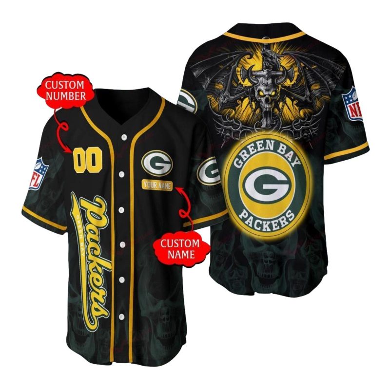 Personalized Green Bay Packers Big Logo Skull Halloween Baseball Jersey 1