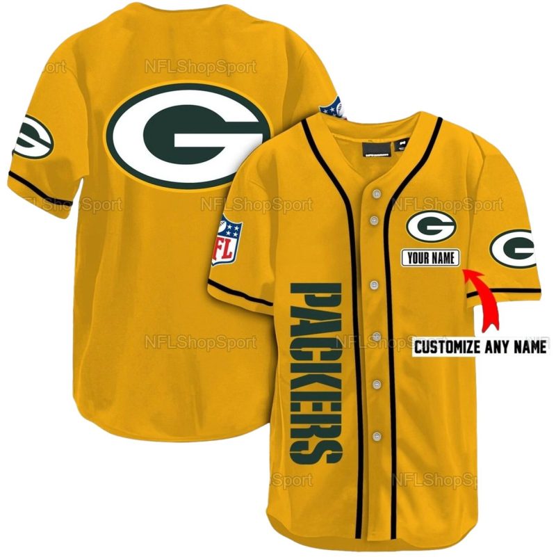 Personalized Green Bay Packers Big Logo Yellow Baseball Jersey 1