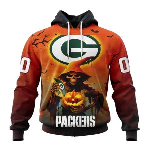 Personalized Green Bay Packers Death Skull Pumpkin Halloween AOP Hoodie