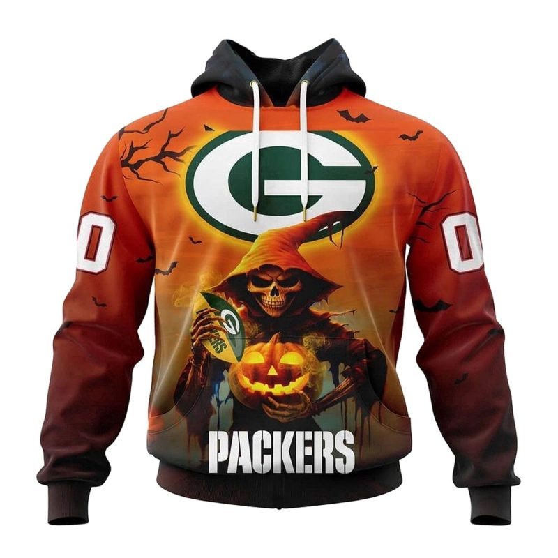 Personalized Green Bay Packers Death Skull Pumpkin Halloween Aop Hoodie 1