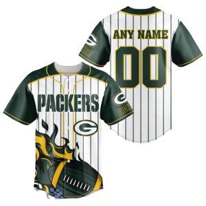 Personalized Green Bay Packers Flame Ball Cross White Baseball Jersey