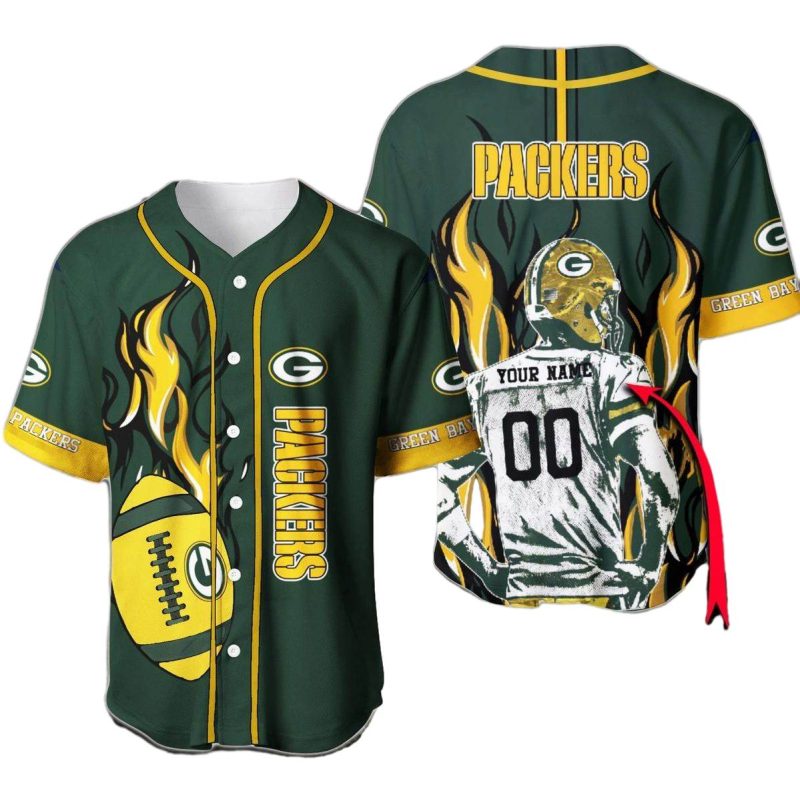 Personalized Green Bay Packers Flame Ball Green Baseball Jersey 1