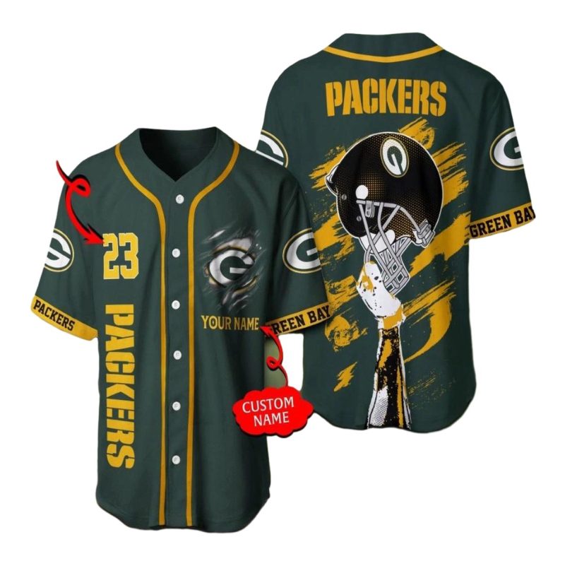 Personalized Green Bay Packers Logo And Helmet Baseball Jersey 1