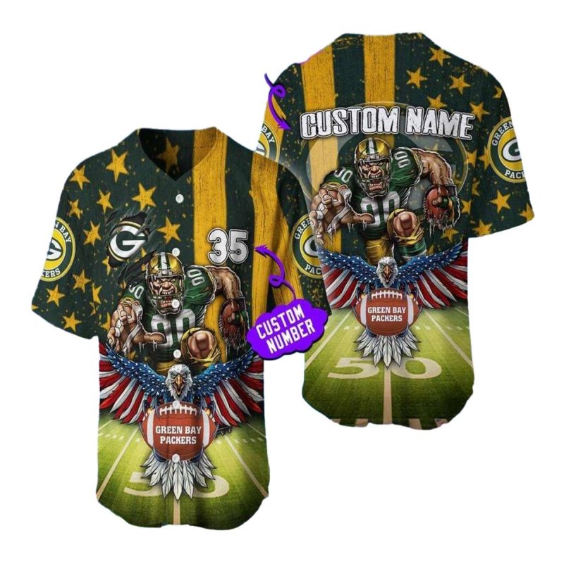 Personalized Green Bay Packers Mascot Eagle And Flag Baseball Jersey 1