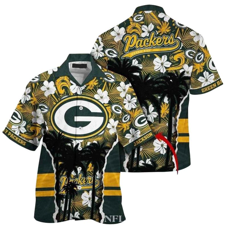 Personalized Green Bay Packers Midnight Floral Palm Shadow Hawaiian Shirt 1