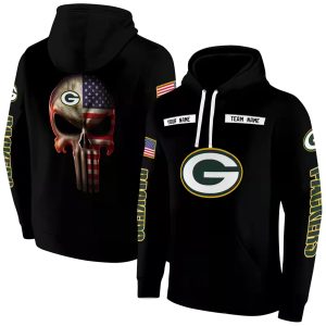 Personalized Green Bay Packers Punisher Skull Black AOP Hoodie