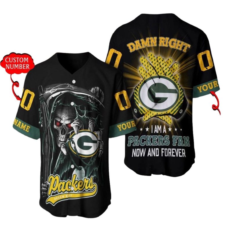 Personalized Green Bay Packers Skull Damn Right Baseball Jersey 1