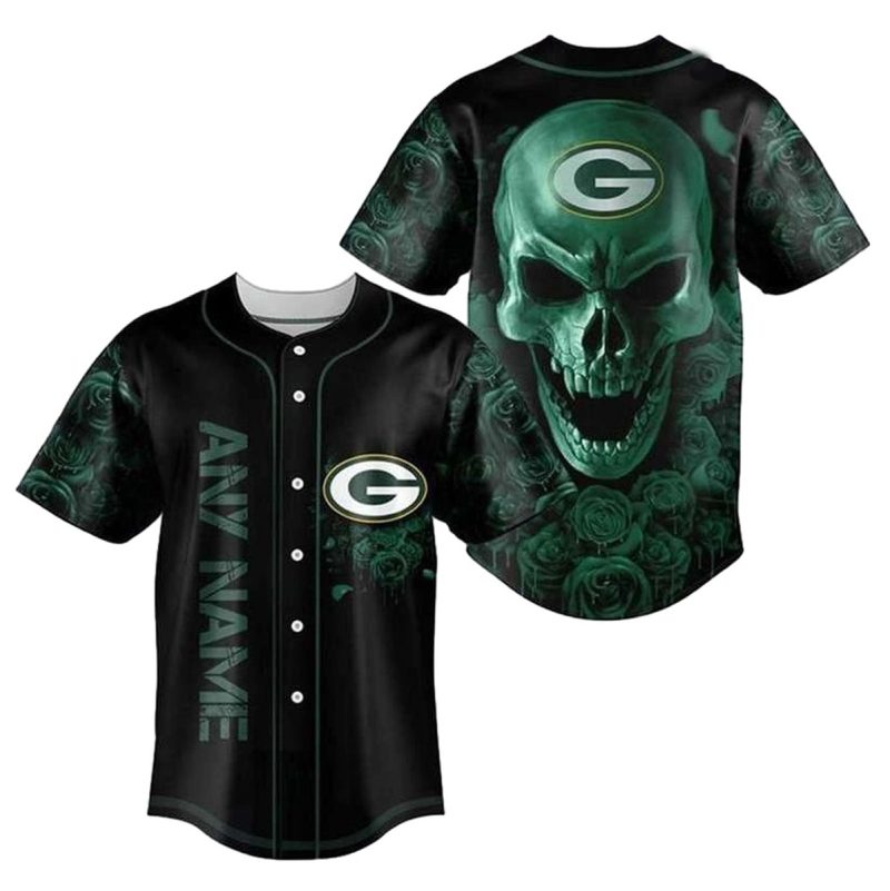 Personalized Green Bay Packers Skull Flower Baseball Jersey 1