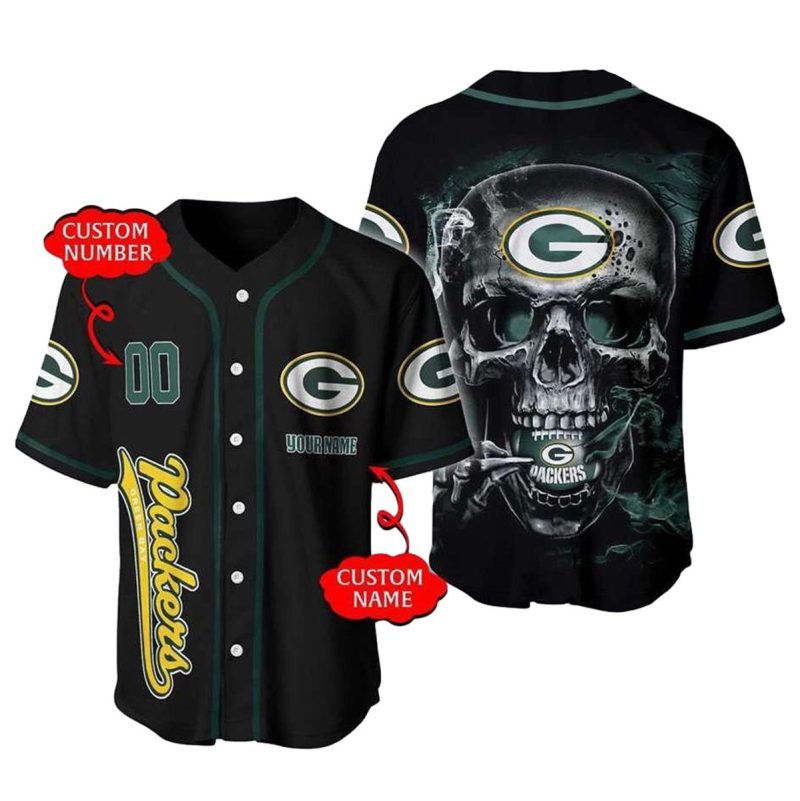 Personalized Green Bay Packers Smoke Skull Baseball Jersey 1