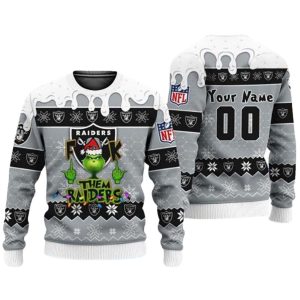 Personalized Grinch Fuck Them Las Vegas Raiders Funny Ugly Christmas Sweater