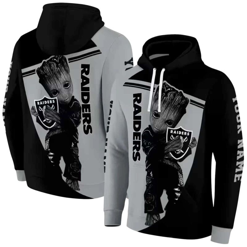 Personalized Las Vegas Raiders Baby Groot Hug Logo Black Aop Hoodie 1