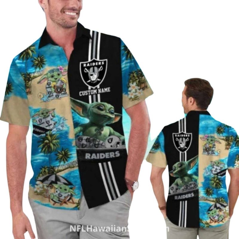 Personalized Las Vegas Raiders Baby Yoda On Beach Hawaiian Shirt 1