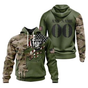 Personalized Las Vegas Raiders Camo And Us Flag Skull AOP Hoodie