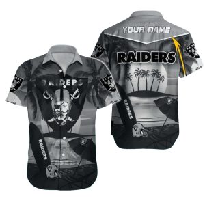 Personalized Las Vegas Raiders Coconut Tree Sunset Beach Grayscale Hawaiian Shirt