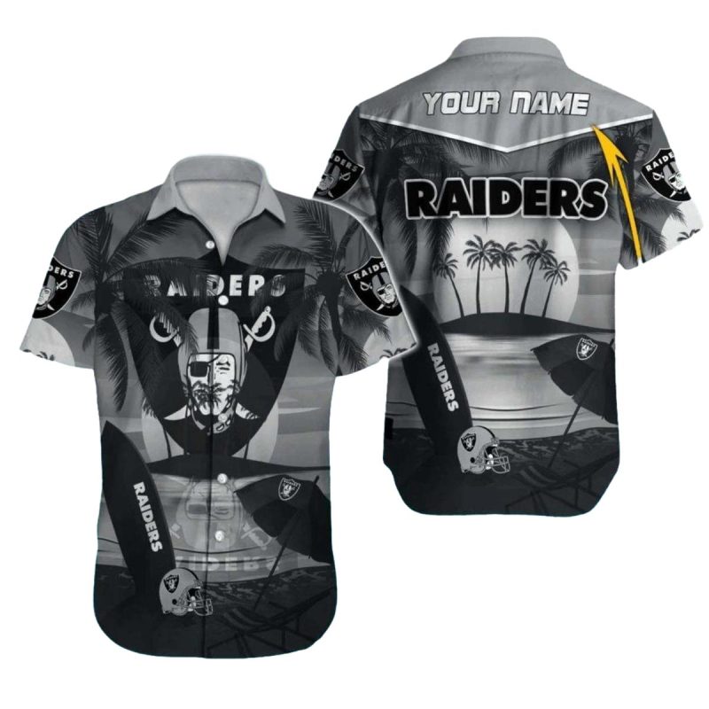 Personalized Las Vegas Raiders Coconut Tree Sunset Beach Grayscale Hawaiian Shirt 1