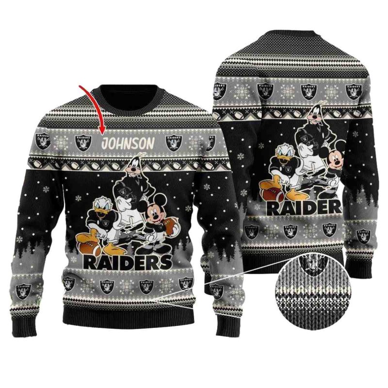 Personalized Las Vegas Raiders Disney Donald Duck Mickey Mouse Goofy Ugly Sweater 1