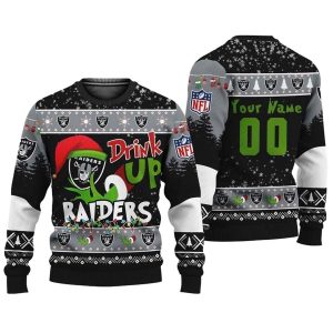 Personalized Las Vegas Raiders Grinch Drink Up Christmas Gift For Football Fans Ugly Sweater