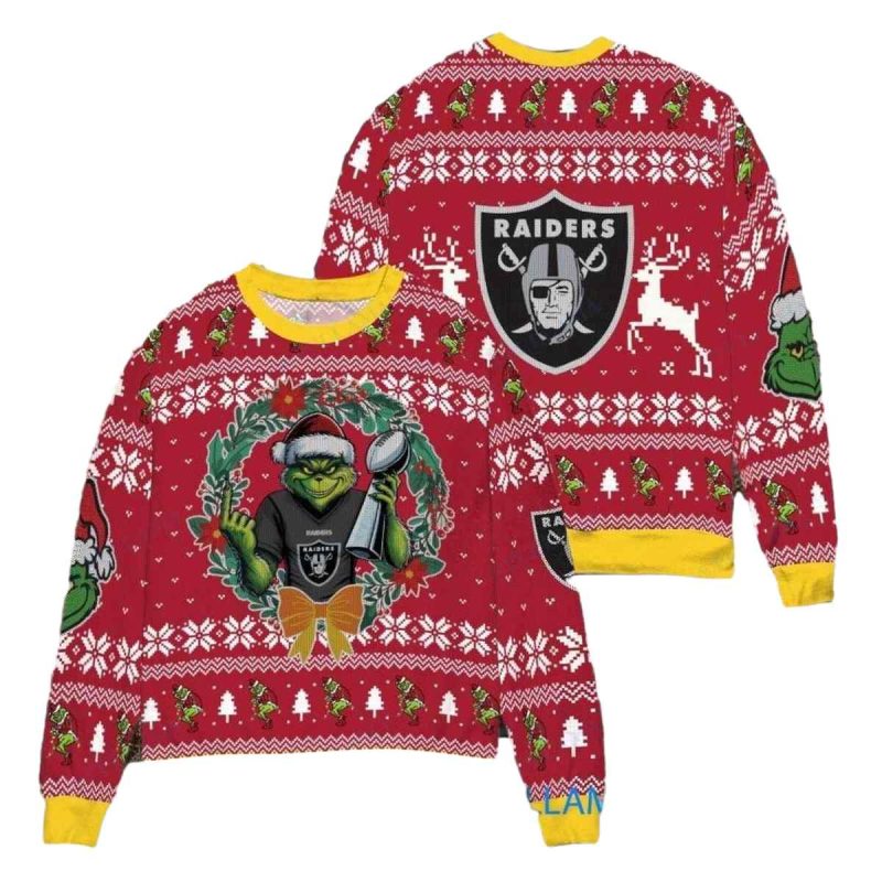 Personalized Las Vegas Raiders Grinch Super Bowl Trophy Red Ugly Sweater 1