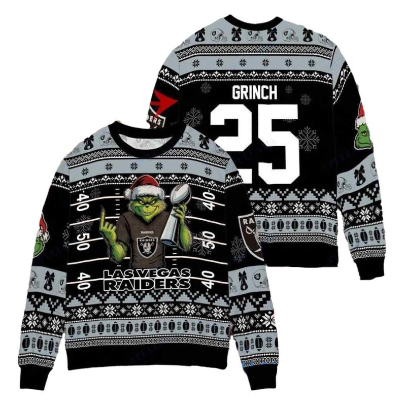 Personalized Las Vegas Raiders Grinch Super Bowl Trophy Ugly Sweater 1