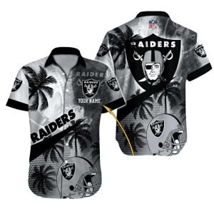 Personalized Las Vegas Raiders Logo And Helmet Palm Tree Black And White Hawaiian Shirt